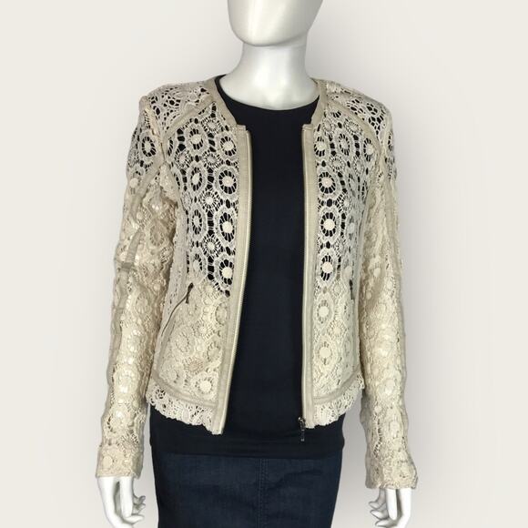 Beige Crocheted Lace Cardigan Full Zip Cotton Cream by Chelsea28 - Picture 1 of 10